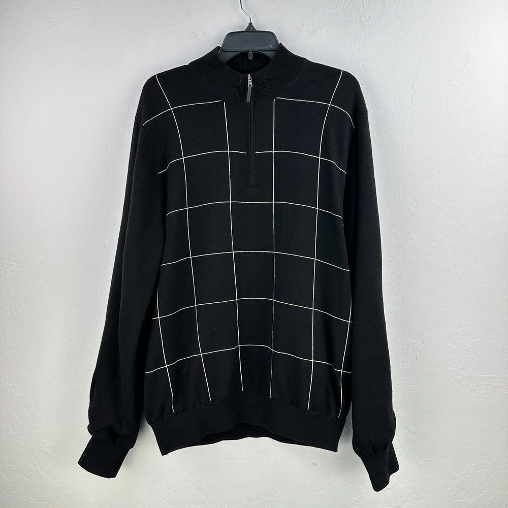 Fairway & Greene‎ Sweater Men L Black Wool Quarter Zip Windowpane Satin Lined